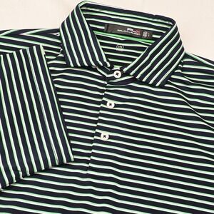 RLX Ralph Lauren Polo Shirt Mens L Navy Green Striped Wicking Stretch Golf Short